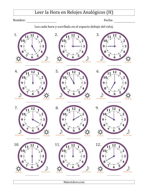 La hoja de ejercicios de Leer la Hora en Relojes Analógicos de 12 Horas en Intervalos de 1 Hora (12 Relojes) (H)