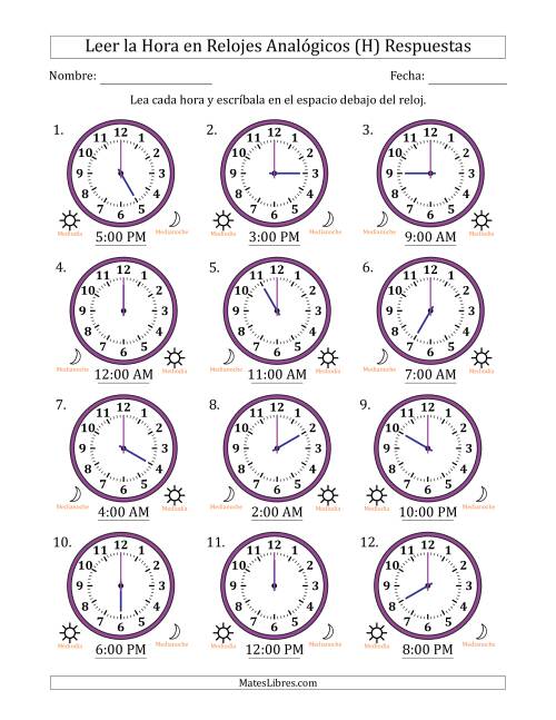 La hoja de ejercicios de Leer la Hora en Relojes Analógicos de 12 Horas en Intervalos de 1 Hora (12 Relojes) (H) Página 2