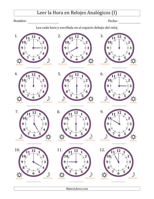 La hoja de ejercicios de Leer la Hora en Relojes Analógicos de 12 Horas en Intervalos de 1 Hora (12 Relojes) (I)