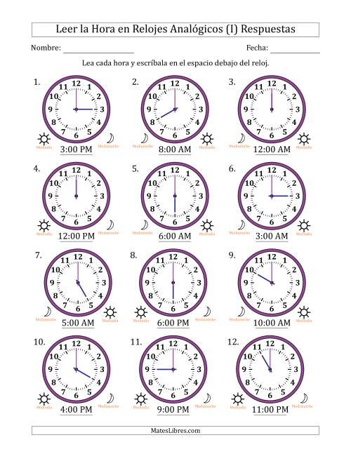 La hoja de ejercicios de Leer la Hora en Relojes Analógicos de 12 Horas en Intervalos de 1 Hora (12 Relojes) (I) Página 2