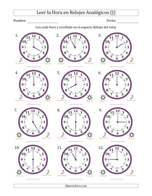 La hoja de ejercicios de Leer la Hora en Relojes Analógicos de 12 Horas en Intervalos de 1 Hora (12 Relojes) (J)