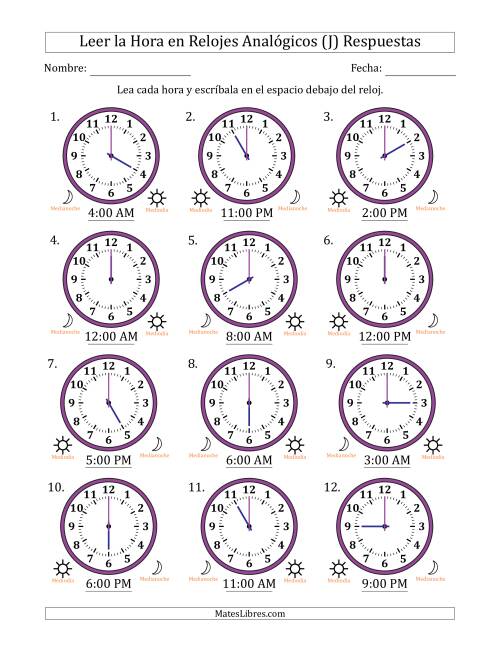 La hoja de ejercicios de Leer la Hora en Relojes Analógicos de 12 Horas en Intervalos de 1 Hora (12 Relojes) (J) Página 2