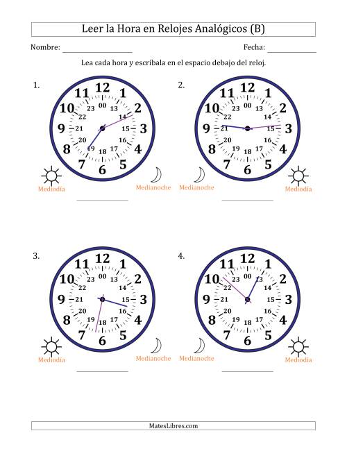 La hoja de ejercicios de Leer la Hora en Relojes Analógicos de 24 Horas en Intervalos de 1 Minuto (4 Relojes Grandes) (B)