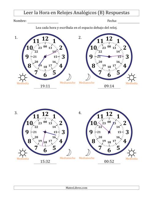La hoja de ejercicios de Leer la Hora en Relojes Analógicos de 24 Horas en Intervalos de 1 Minuto (4 Relojes Grandes) (B) Página 2