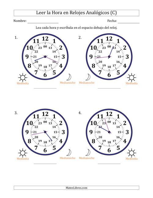 La hoja de ejercicios de Leer la Hora en Relojes Analógicos de 24 Horas en Intervalos de 1 Minuto (4 Relojes Grandes) (C)