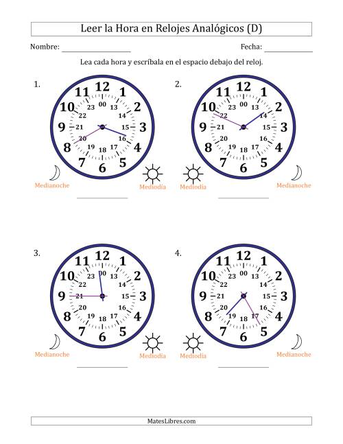 La hoja de ejercicios de Leer la Hora en Relojes Analógicos de 24 Horas en Intervalos de 1 Minuto (4 Relojes Grandes) (D)