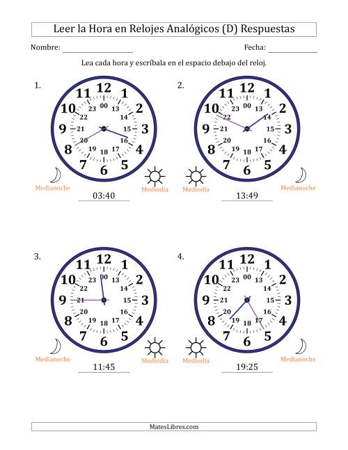 La hoja de ejercicios de Leer la Hora en Relojes Analógicos de 24 Horas en Intervalos de 1 Minuto (4 Relojes Grandes) (D) Página 2