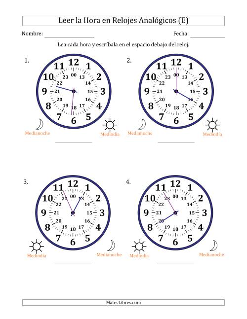 La hoja de ejercicios de Leer la Hora en Relojes Analógicos de 24 Horas en Intervalos de 1 Minuto (4 Relojes Grandes) (E)