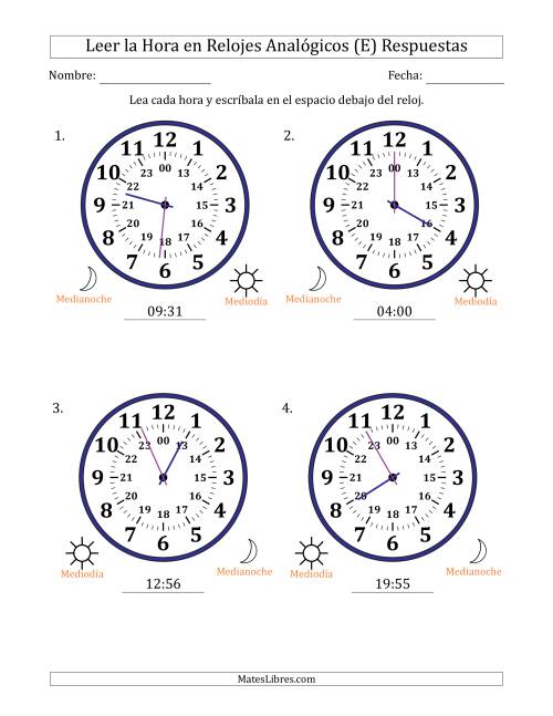 La hoja de ejercicios de Leer la Hora en Relojes Analógicos de 24 Horas en Intervalos de 1 Minuto (4 Relojes Grandes) (E) Página 2
