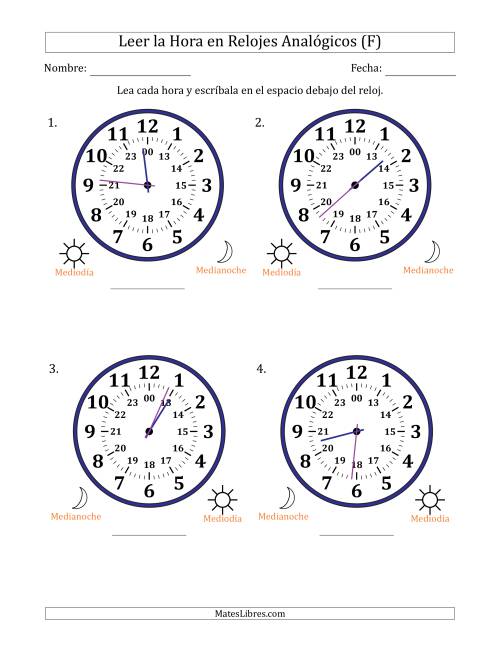 La hoja de ejercicios de Leer la Hora en Relojes Analógicos de 24 Horas en Intervalos de 1 Minuto (4 Relojes Grandes) (F)
