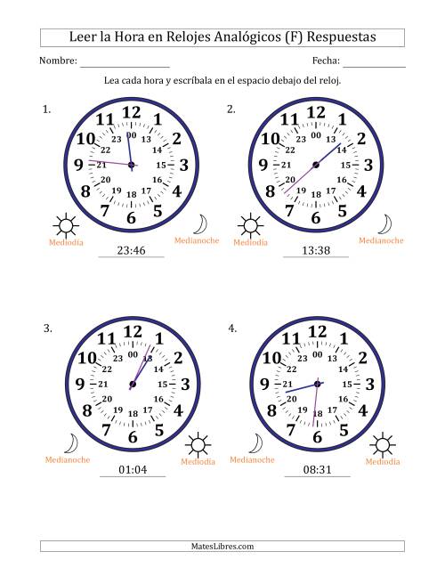 La hoja de ejercicios de Leer la Hora en Relojes Analógicos de 24 Horas en Intervalos de 1 Minuto (4 Relojes Grandes) (F) Página 2