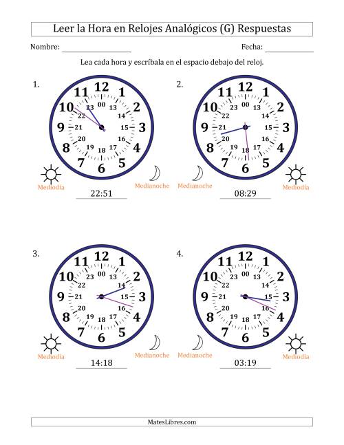 La hoja de ejercicios de Leer la Hora en Relojes Analógicos de 24 Horas en Intervalos de 1 Minuto (4 Relojes Grandes) (G) Página 2