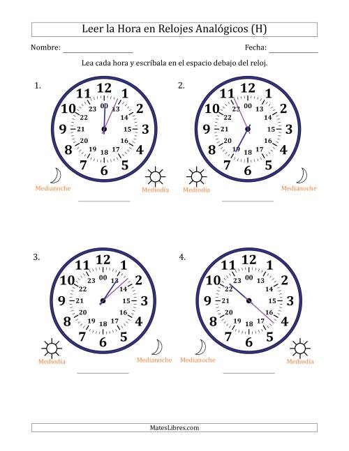 La hoja de ejercicios de Leer la Hora en Relojes Analógicos de 24 Horas en Intervalos de 1 Minuto (4 Relojes Grandes) (H)