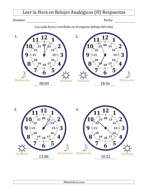La hoja de ejercicios de Leer la Hora en Relojes Analógicos de 24 Horas en Intervalos de 1 Minuto (4 Relojes Grandes) (H) Página 2