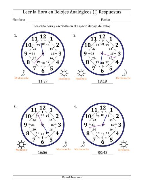 La hoja de ejercicios de Leer la Hora en Relojes Analógicos de 24 Horas en Intervalos de 1 Minuto (4 Relojes Grandes) (I) Página 2