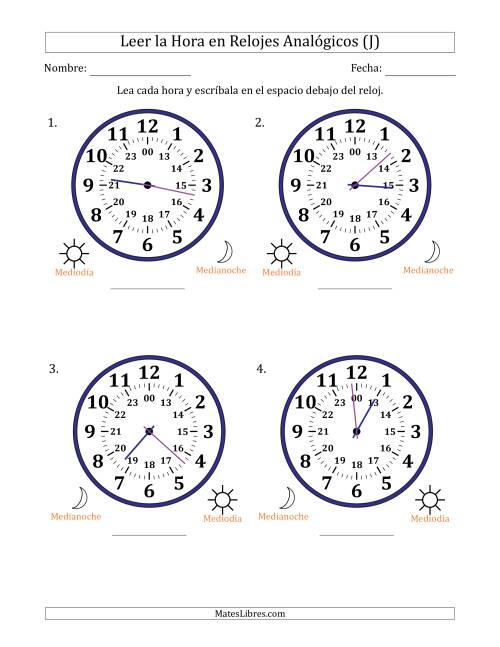 La hoja de ejercicios de Leer la Hora en Relojes Analógicos de 24 Horas en Intervalos de 1 Minuto (4 Relojes Grandes) (J)