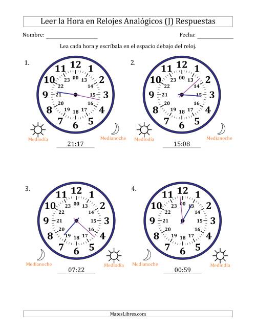 La hoja de ejercicios de Leer la Hora en Relojes Analógicos de 24 Horas en Intervalos de 1 Minuto (4 Relojes Grandes) (J) Página 2