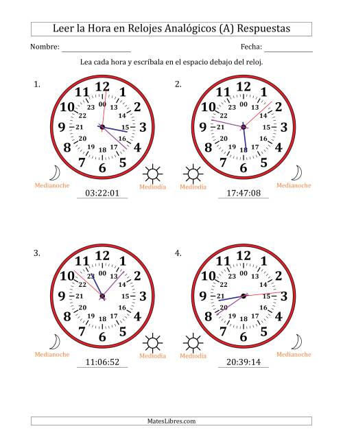 La hoja de ejercicios de Leer la Hora en Relojes Analógicos de 24 Horas en Intervalos de 1 Segundo (4 Relojes Grandes) (A) Página 2