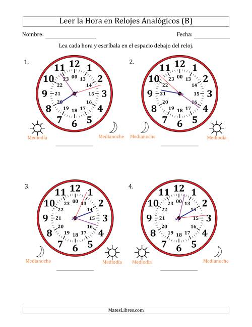 La hoja de ejercicios de Leer la Hora en Relojes Analógicos de 24 Horas en Intervalos de 1 Segundo (4 Relojes Grandes) (B)