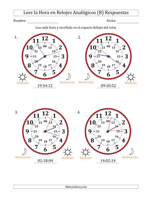 La hoja de ejercicios de Leer la Hora en Relojes Analógicos de 24 Horas en Intervalos de 1 Segundo (4 Relojes Grandes) (B) Página 2