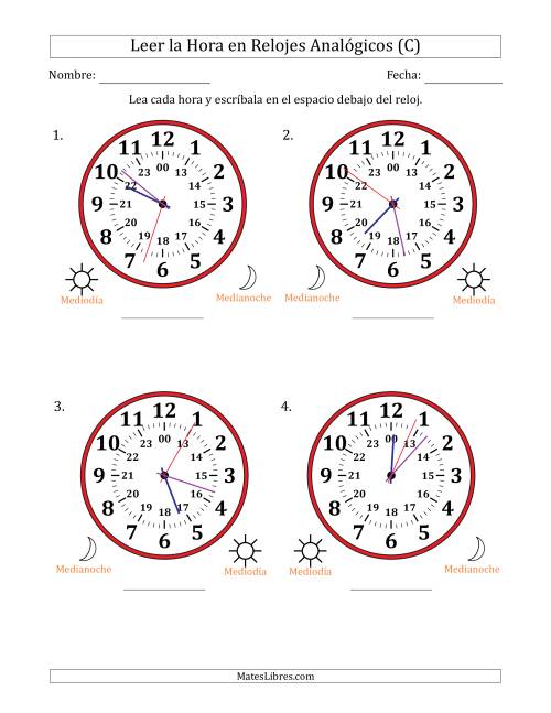 La hoja de ejercicios de Leer la Hora en Relojes Analógicos de 24 Horas en Intervalos de 1 Segundo (4 Relojes Grandes) (C)