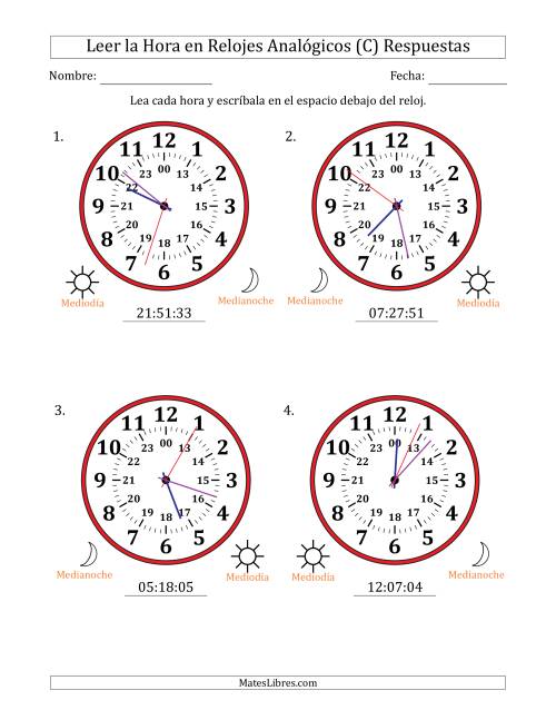 La hoja de ejercicios de Leer la Hora en Relojes Analógicos de 24 Horas en Intervalos de 1 Segundo (4 Relojes Grandes) (C) Página 2
