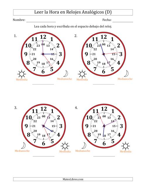 La hoja de ejercicios de Leer la Hora en Relojes Analógicos de 24 Horas en Intervalos de 1 Segundo (4 Relojes Grandes) (D)