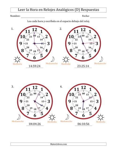 La hoja de ejercicios de Leer la Hora en Relojes Analógicos de 24 Horas en Intervalos de 1 Segundo (4 Relojes Grandes) (D) Página 2