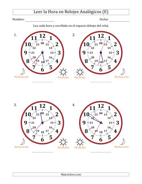 La hoja de ejercicios de Leer la Hora en Relojes Analógicos de 24 Horas en Intervalos de 1 Segundo (4 Relojes Grandes) (E)