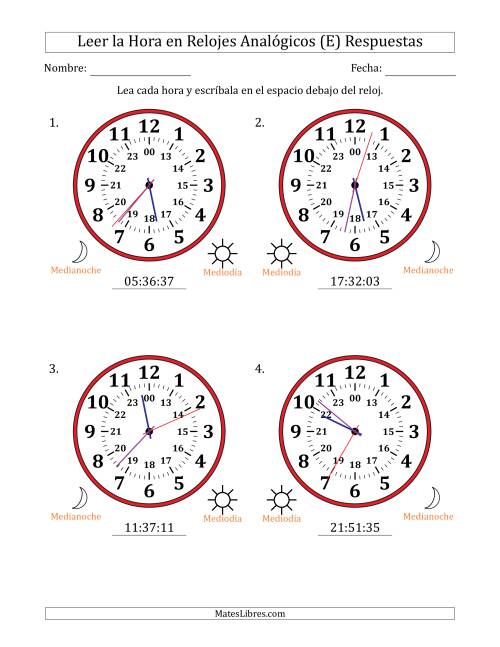 La hoja de ejercicios de Leer la Hora en Relojes Analógicos de 24 Horas en Intervalos de 1 Segundo (4 Relojes Grandes) (E) Página 2