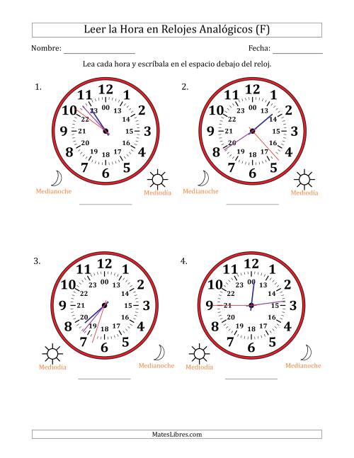 La hoja de ejercicios de Leer la Hora en Relojes Analógicos de 24 Horas en Intervalos de 1 Segundo (4 Relojes Grandes) (F)