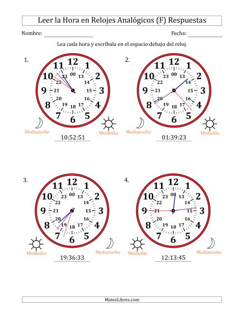 La hoja de ejercicios de Leer la Hora en Relojes Analógicos de 24 Horas en Intervalos de 1 Segundo (4 Relojes Grandes) (F) Página 2