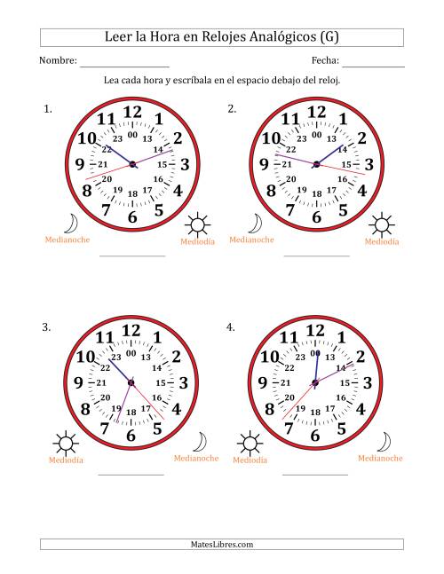 La hoja de ejercicios de Leer la Hora en Relojes Analógicos de 24 Horas en Intervalos de 1 Segundo (4 Relojes Grandes) (G)
