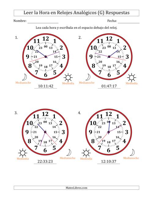 La hoja de ejercicios de Leer la Hora en Relojes Analógicos de 24 Horas en Intervalos de 1 Segundo (4 Relojes Grandes) (G) Página 2