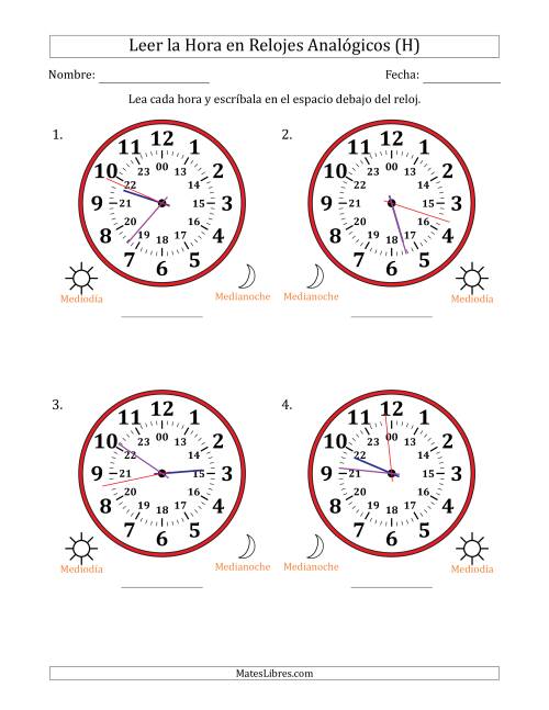 La hoja de ejercicios de Leer la Hora en Relojes Analógicos de 24 Horas en Intervalos de 1 Segundo (4 Relojes Grandes) (H)