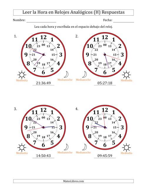 La hoja de ejercicios de Leer la Hora en Relojes Analógicos de 24 Horas en Intervalos de 1 Segundo (4 Relojes Grandes) (H) Página 2