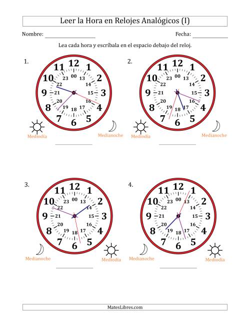 La hoja de ejercicios de Leer la Hora en Relojes Analógicos de 24 Horas en Intervalos de 1 Segundo (4 Relojes Grandes) (I)