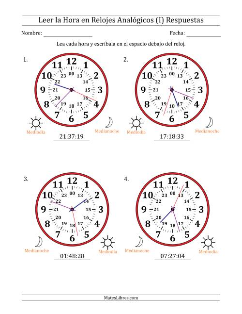 La hoja de ejercicios de Leer la Hora en Relojes Analógicos de 24 Horas en Intervalos de 1 Segundo (4 Relojes Grandes) (I) Página 2