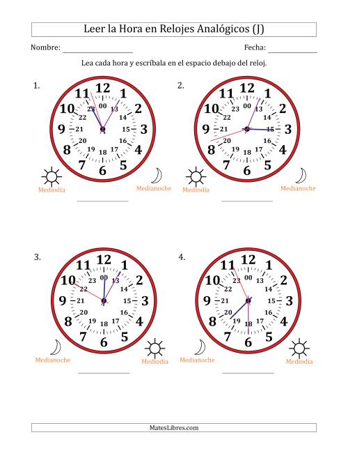 La hoja de ejercicios de Leer la Hora en Relojes Analógicos de 24 Horas en Intervalos de 1 Segundo (4 Relojes Grandes) (J)