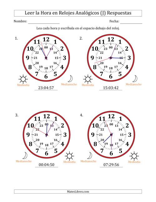 La hoja de ejercicios de Leer la Hora en Relojes Analógicos de 24 Horas en Intervalos de 1 Segundo (4 Relojes Grandes) (J) Página 2