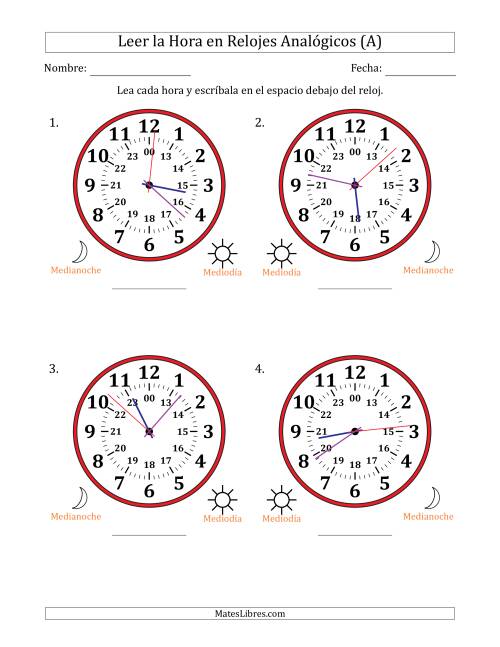 La hoja de ejercicios de Leer la Hora en Relojes Analógicos de 24 Horas en Intervalos de 1 Segundo (4 Relojes Grandes) (Todas)