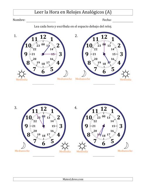La hoja de ejercicios de Leer la Hora en Relojes Analógicos de 24 Horas en Intervalos de 5 Minuto (4 Relojes Grandes) (A)