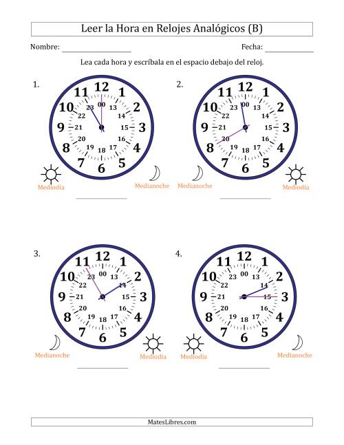 La hoja de ejercicios de Leer la Hora en Relojes Analógicos de 24 Horas en Intervalos de 5 Minuto (4 Relojes Grandes) (B)