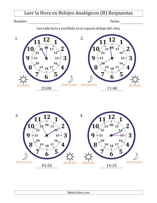 La hoja de ejercicios de Leer la Hora en Relojes Analógicos de 24 Horas en Intervalos de 5 Minuto (4 Relojes Grandes) (B) Página 2