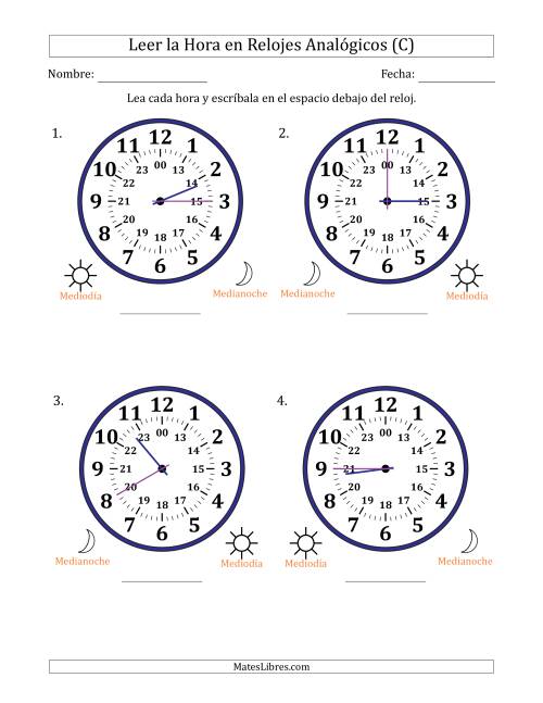 La hoja de ejercicios de Leer la Hora en Relojes Analógicos de 24 Horas en Intervalos de 5 Minuto (4 Relojes Grandes) (C)