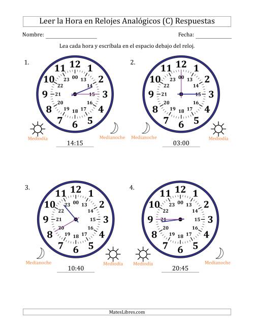 La hoja de ejercicios de Leer la Hora en Relojes Analógicos de 24 Horas en Intervalos de 5 Minuto (4 Relojes Grandes) (C) Página 2