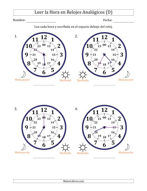 La hoja de ejercicios de Leer la Hora en Relojes Analógicos de 24 Horas en Intervalos de 5 Minuto (4 Relojes Grandes) (D)