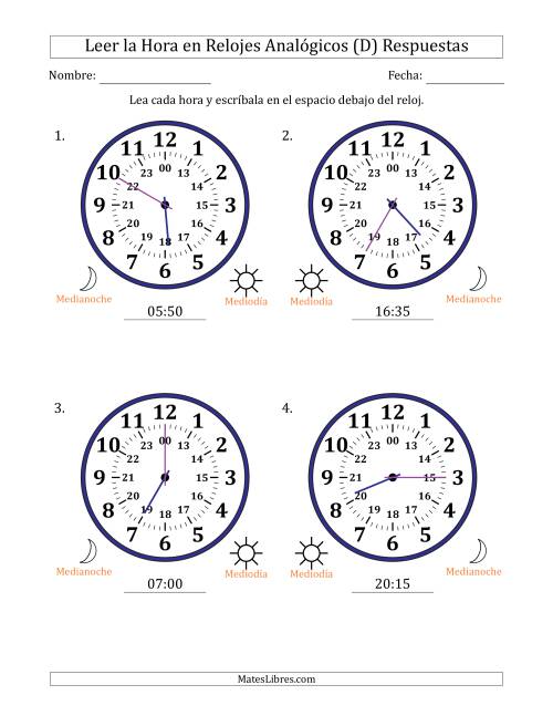 La hoja de ejercicios de Leer la Hora en Relojes Analógicos de 24 Horas en Intervalos de 5 Minuto (4 Relojes Grandes) (D) Página 2
