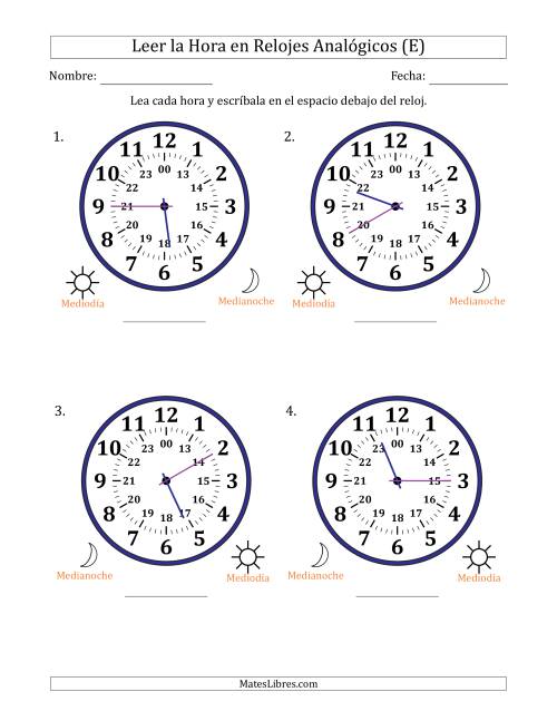 La hoja de ejercicios de Leer la Hora en Relojes Analógicos de 24 Horas en Intervalos de 5 Minuto (4 Relojes Grandes) (E)