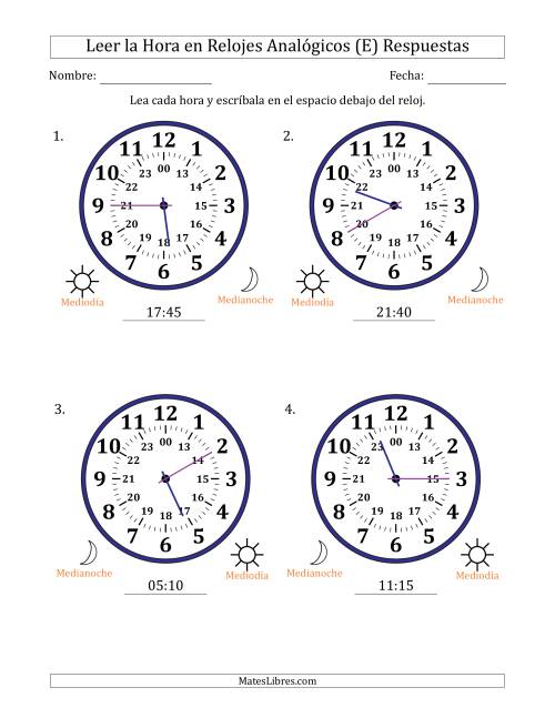 La hoja de ejercicios de Leer la Hora en Relojes Analógicos de 24 Horas en Intervalos de 5 Minuto (4 Relojes Grandes) (E) Página 2